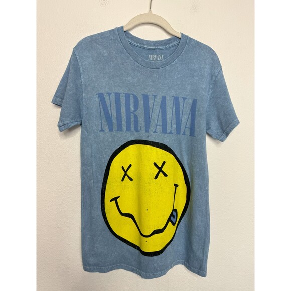 Nirvana Sz S Smiley Face Graphic T-Shirt Blue Gray Distressed Short Sleeve Flaws - Picture 1 of 9